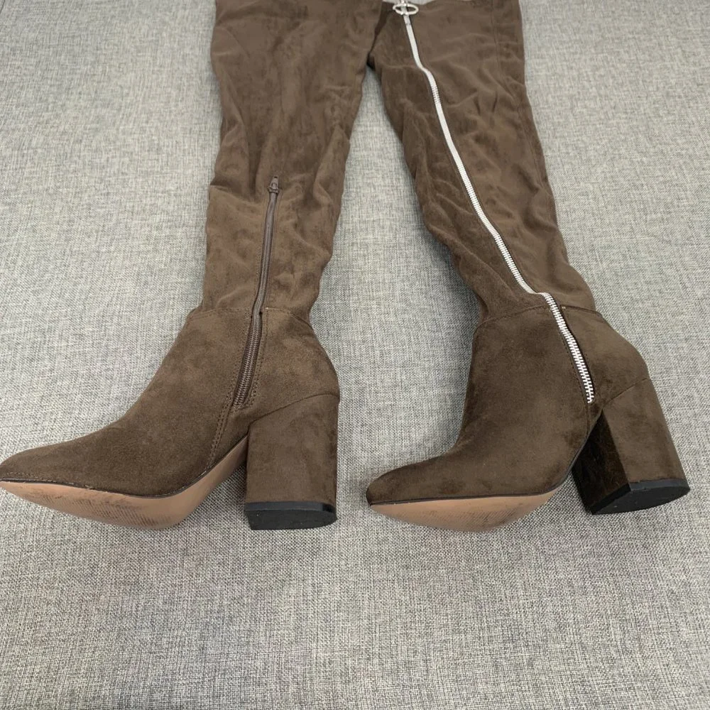 Shoe Dazzle Over The Knee Sexy Suede‎ Boots Brown Zipper Block 3.25